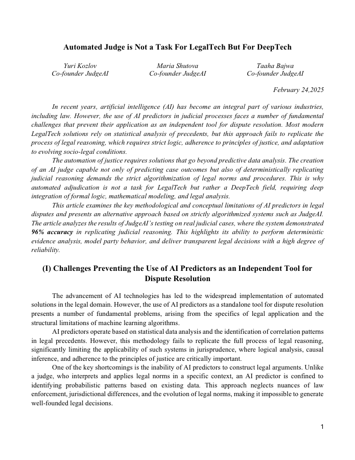 First-page preview of Automated Judge is Not a Task For LegalTech But For DeepTech
